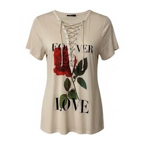 EXPRESS M One Eleven Super Soft Ivory Red Rose Forever Love Laced Tee R $48